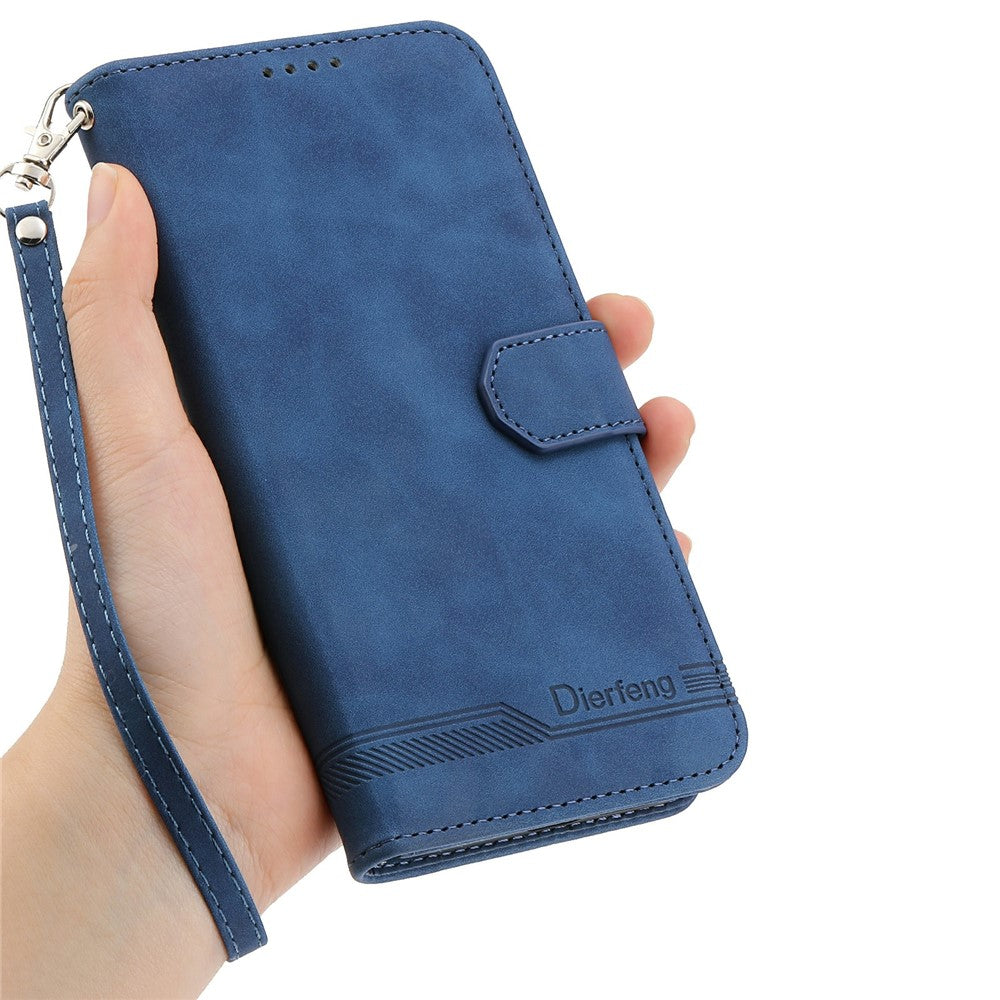 DIERFENG DF-03 Leather Case For Honor Magic8 Lite 5G  /  X70 5G  /  X9d 5G Lines Imprint Wallet Phone Cover with Wrist Strap