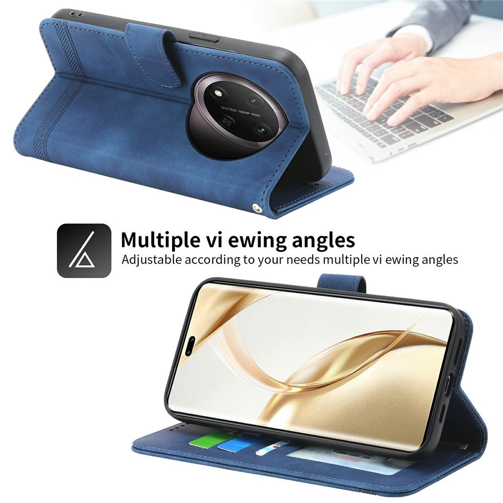 DIERFENG DF-03 Leather Case For Honor Magic8 Lite 5G  /  X70 5G  /  X9d 5G Lines Imprint Wallet Phone Cover with Wrist Strap
