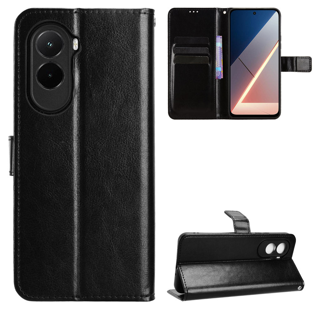 For Xiaomi Poco M7 4G (EU) (171mm) PU Leather Case with Strap Crazy Horse Texture Phone Wallet Cover
