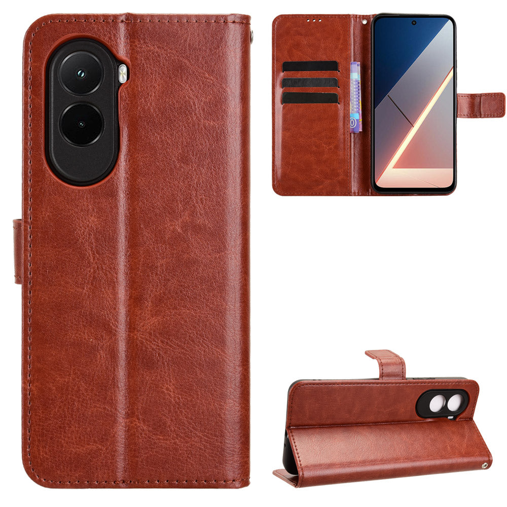 For Xiaomi Poco M7 4G (EU) (171mm) PU Leather Case with Strap Crazy Horse Texture Phone Wallet Cover