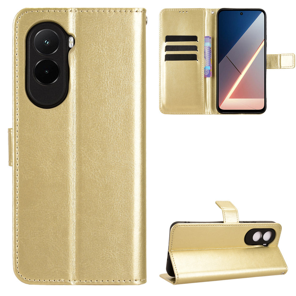 For Xiaomi Poco M7 4G (EU) (171mm) PU Leather Case with Strap Crazy Horse Texture Phone Wallet Cover