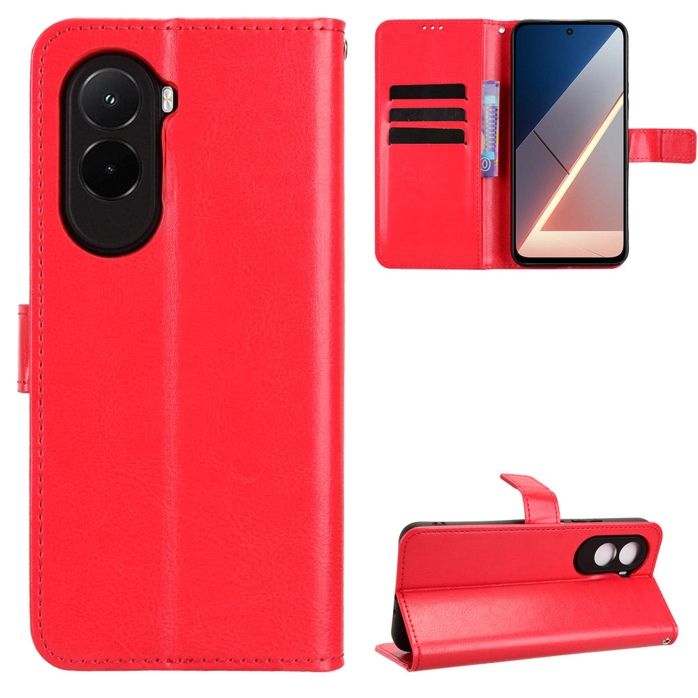 For Xiaomi Poco M7 4G (EU) (171mm) PU Leather Case with Strap Crazy Horse Texture Phone Wallet Cover