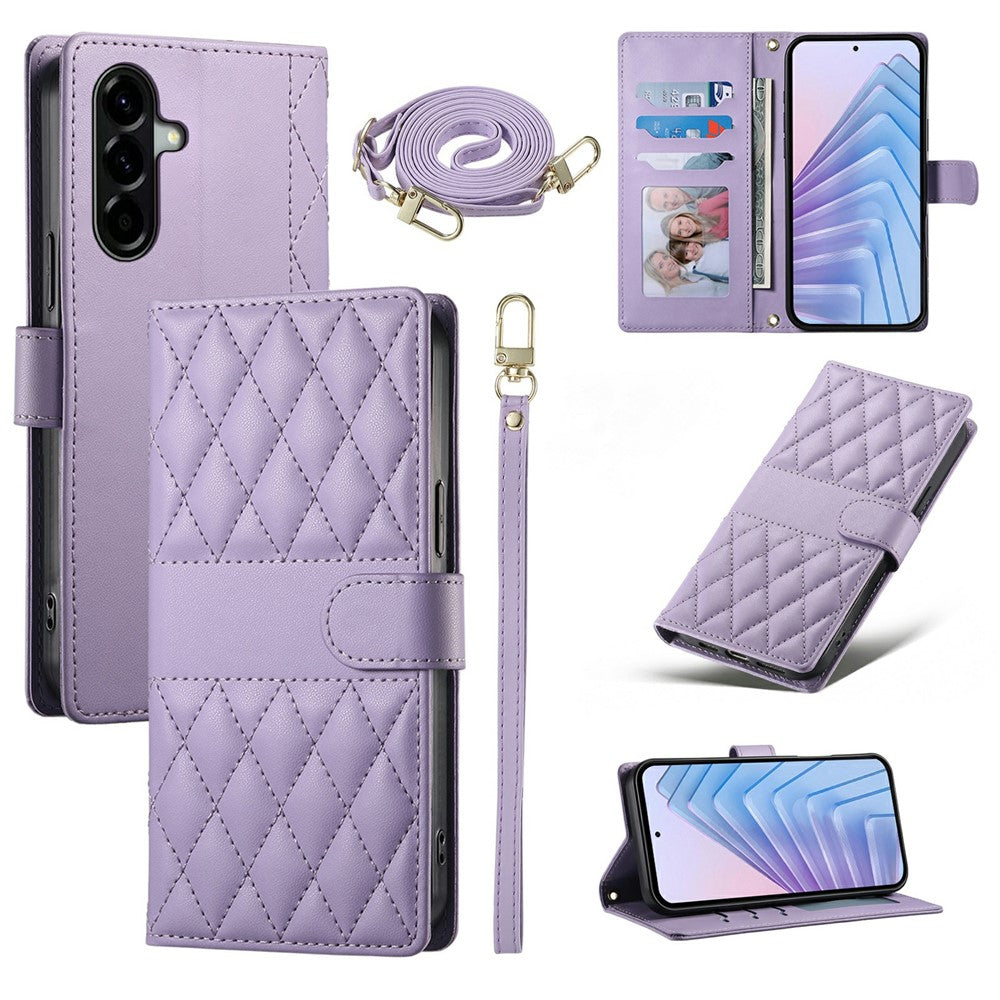 For Samsung Galaxy A37 5G Wallet Case Rhombus Stitching Stand Leather Phone Cover with Long / Short Strap