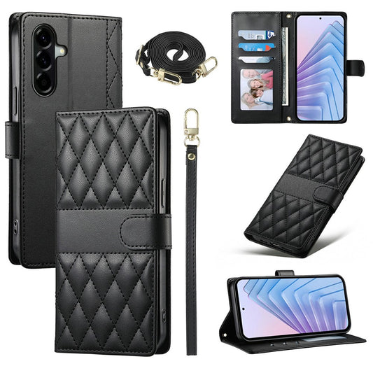 Galaxy A37 5G Handyhülle – Brieftaschen- mit Rautennähten, Ständer, Leder- mit langem/kurzem Riemen
