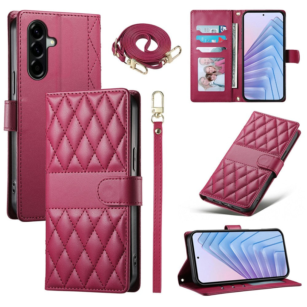 For Samsung Galaxy A37 5G Wallet Case Rhombus Stitching Stand Leather Phone Cover with Long / Short Strap