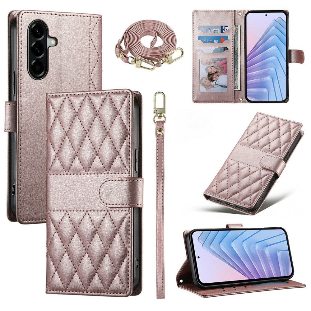For Samsung Galaxy A37 5G Wallet Case Rhombus Stitching Stand Leather Phone Cover with Long / Short Strap