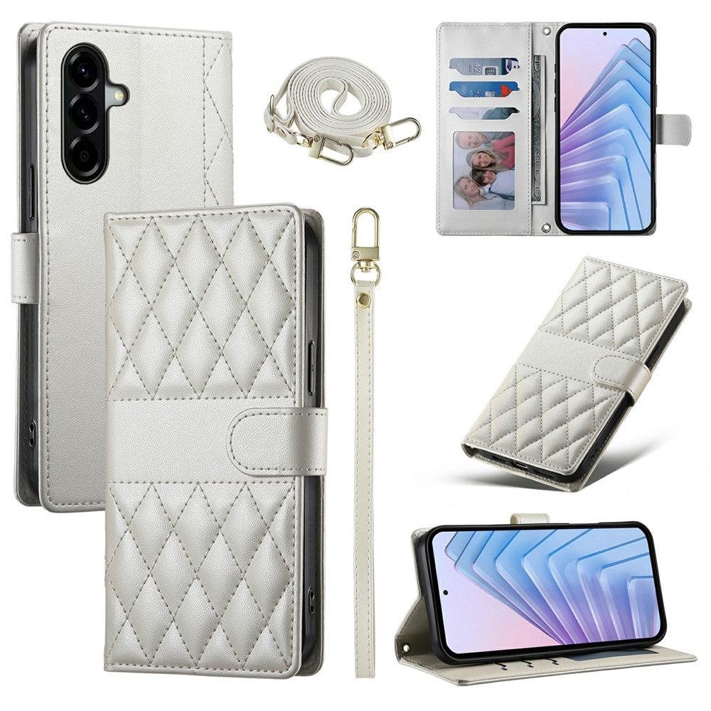 For Samsung Galaxy A57 5G Wallet Case Rhombus Stitching Stand Leather Phone Cover with Long / Short Strap