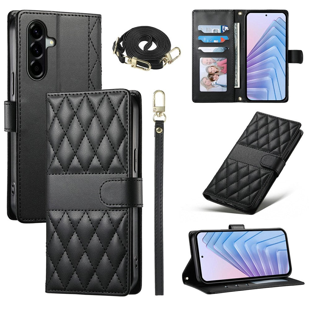 For Samsung Galaxy A57 5G Wallet Case Rhombus Stitching Stand Leather Phone Cover with Long / Short Strap
