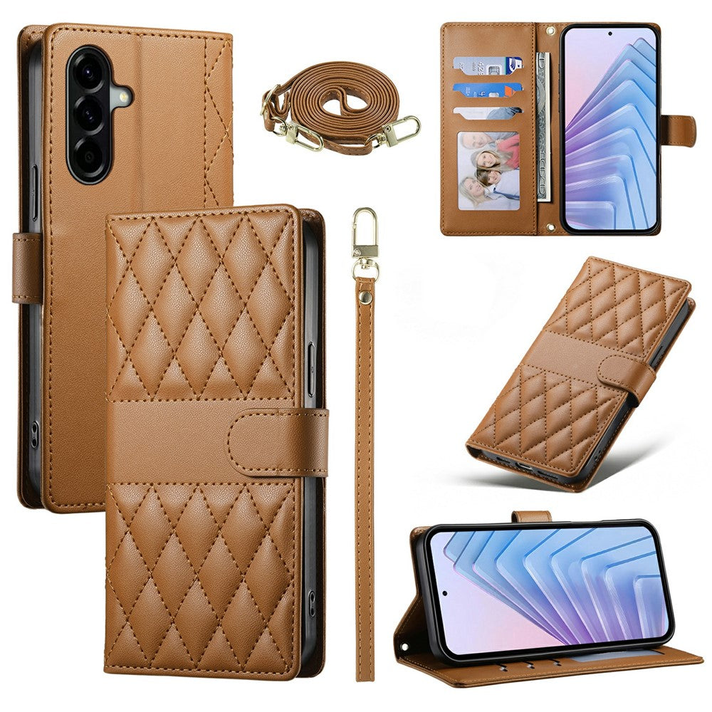 For Samsung Galaxy A57 5G Wallet Case Rhombus Stitching Stand Leather Phone Cover with Long / Short Strap
