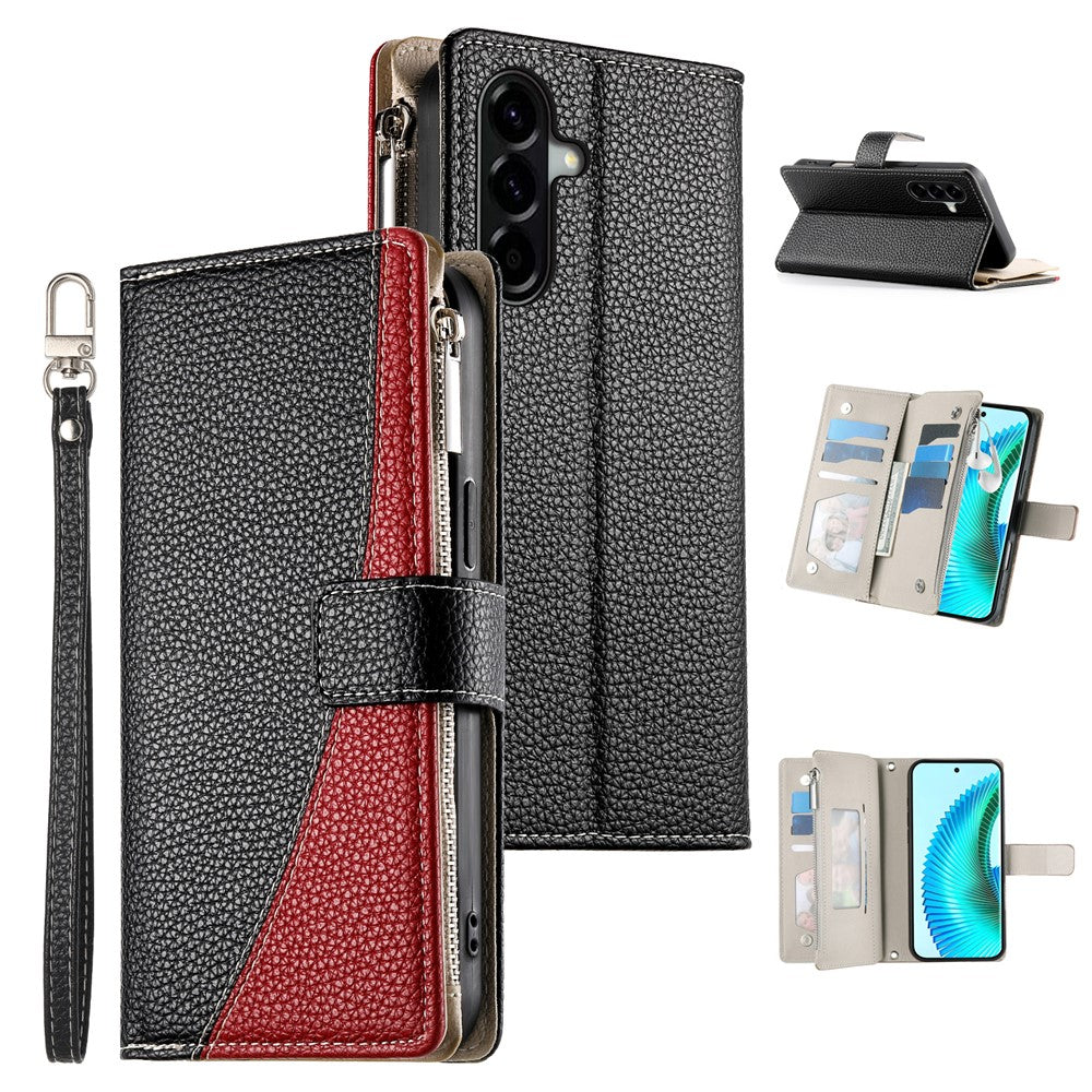 For Samsung Galaxy A37 5G Case Zipper Wallet Color Splicing Leather Flip Phone Cover with Straps