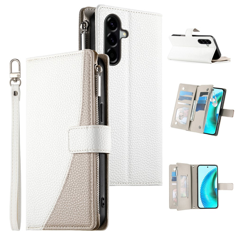 For Samsung Galaxy A37 5G Case Zipper Wallet Color Splicing Leather Flip Phone Cover with Straps