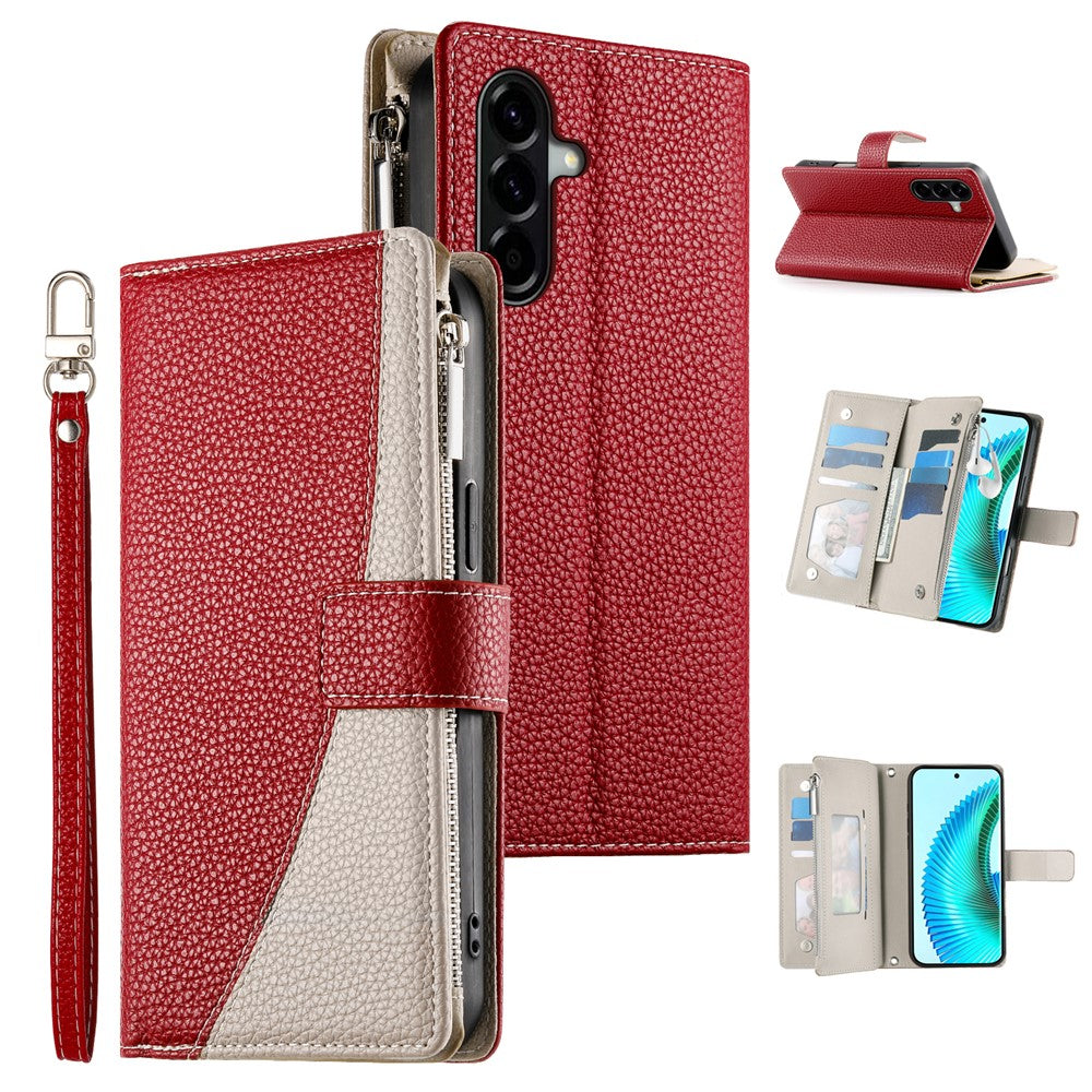 For Samsung Galaxy A37 5G Case Zipper Wallet Color Splicing Leather Flip Phone Cover with Straps