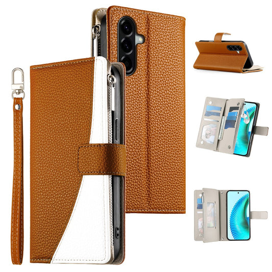 Galaxy A57 5G Handyhülle – Fall Reißverschluss Brieftasche Farbe Spleißen Leder Flip mit Riemen