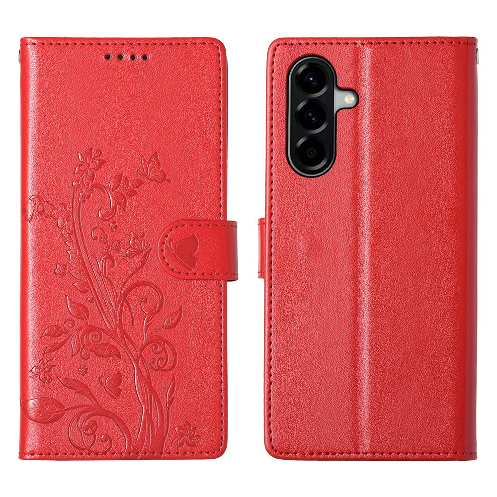 For Samsung Galaxy A37 5G Wallet Case Butterfly Floral Imprint PU Leather Phone Cover with Wrist Strap
