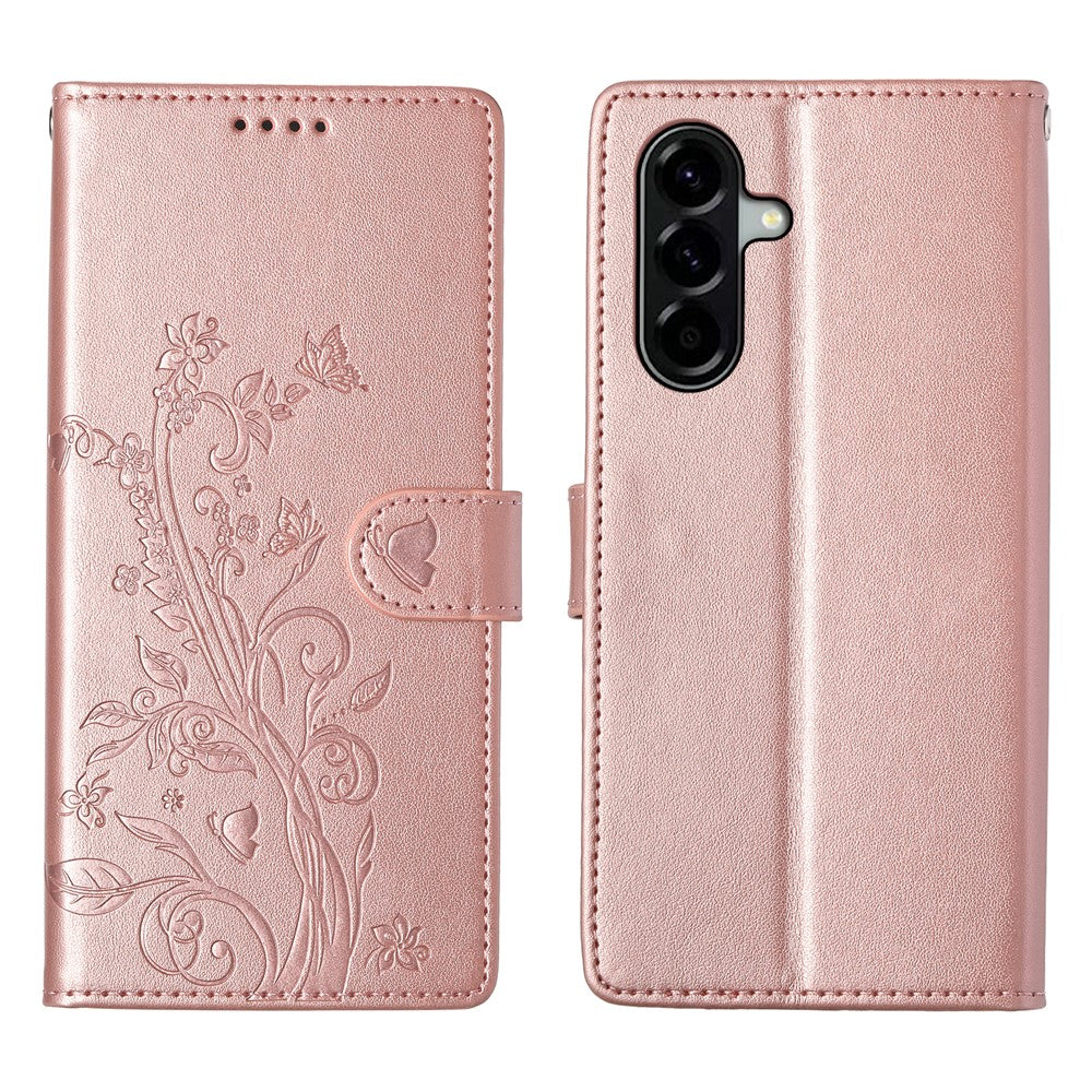 For Samsung Galaxy A57 5G Wallet Case Butterfly Floral Imprint PU Leather Phone Cover with Wrist Strap
