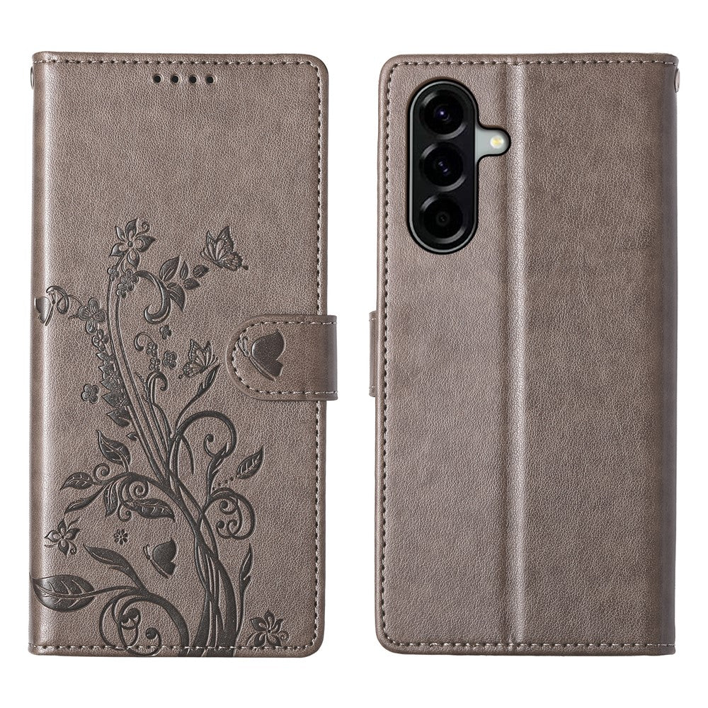 For Samsung Galaxy A57 5G Wallet Case Butterfly Floral Imprint PU Leather Phone Cover with Wrist Strap