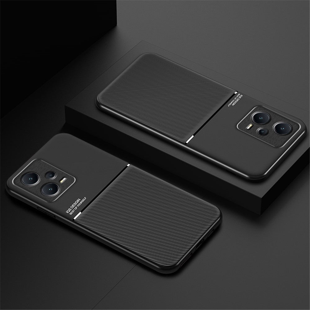 Anti-scratch Back Case for Xiaomi Redmi Note 12 Pro 5G Lines Imprinted PU Leather+TPU Hybrid Shell with Built-in Metal Sheet