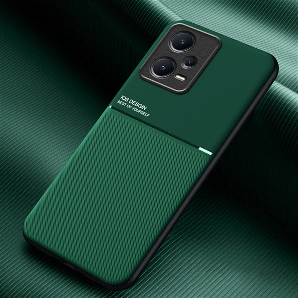 Anti-collision Back Case for Xiaomi Redmi Note 12 Pro+ 5G Lines Imprinted PU Leather+TPU Hybrid Shell with Built-in Metal Sheet