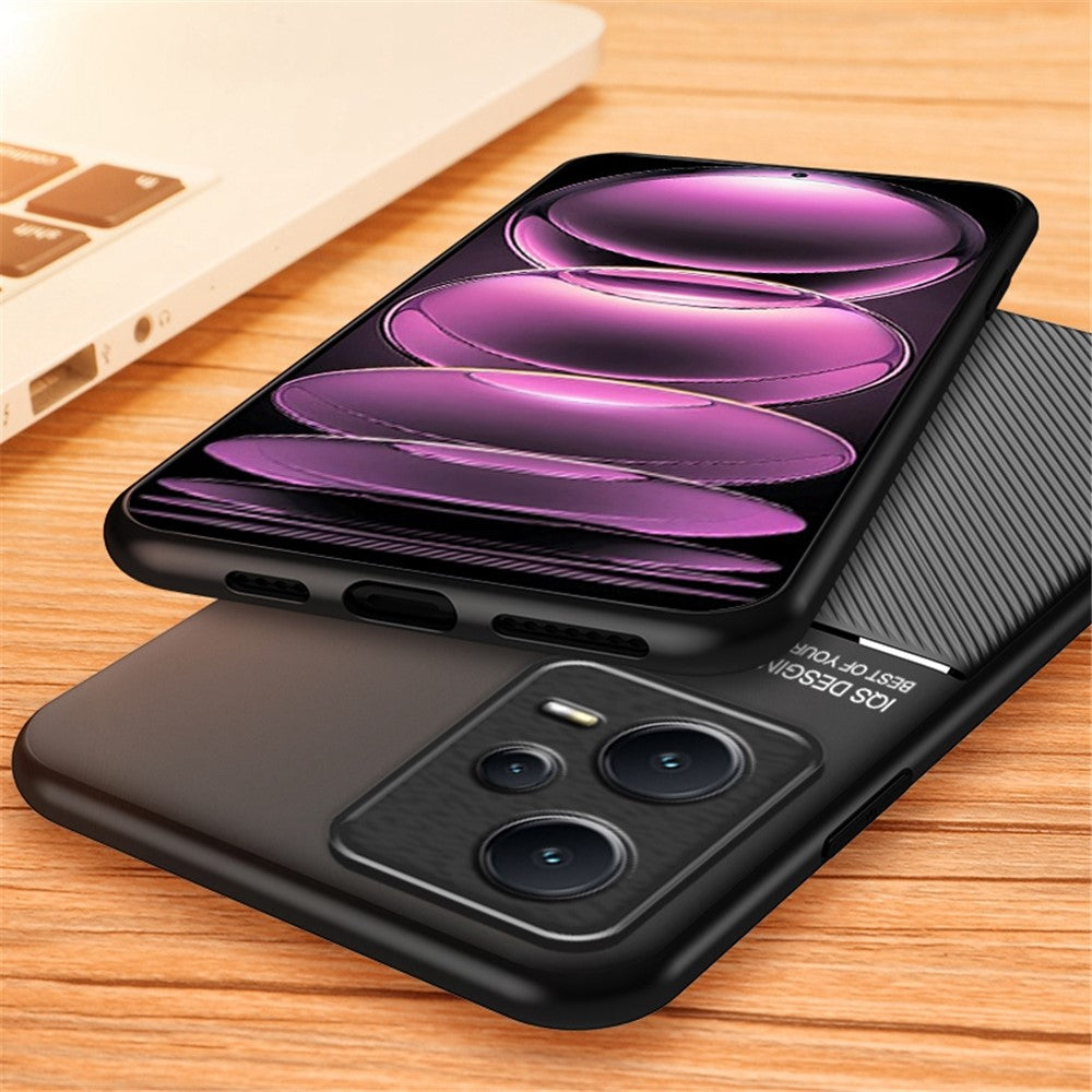 Anti-collision Back Case for Xiaomi Redmi Note 12 Pro+ 5G Lines Imprinted PU Leather+TPU Hybrid Shell with Built-in Metal Sheet