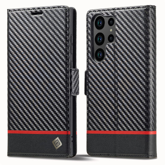 Galaxy S26 Ultra Handyhülle – LC.IMEEKE Brieftaschenetui aus Kohlefaser-Textur-Leder