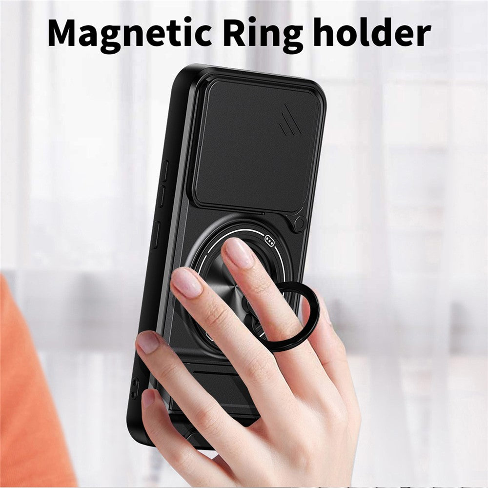 For Honor 400 5G (Global) Magnetic Case Ring Holder Foldable Kickstand TPU PC Phone Cover with Camera Lens Slider