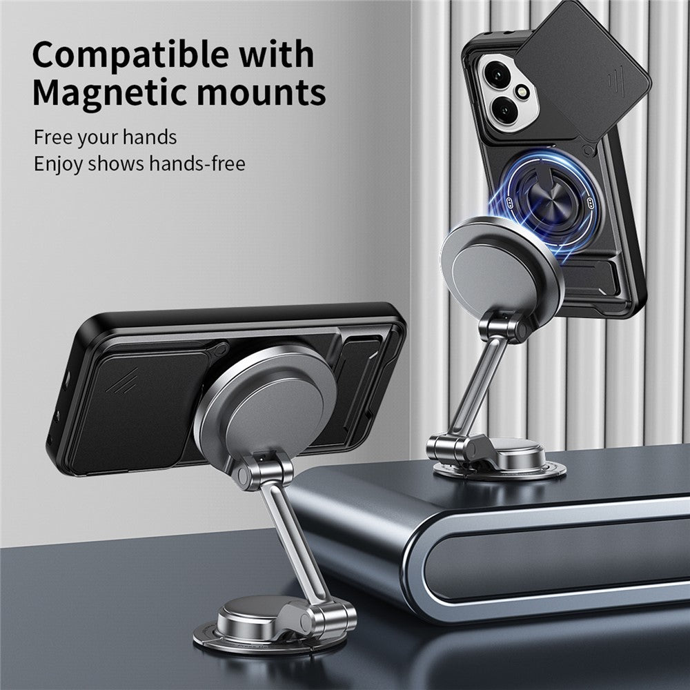 For Honor 400 5G (Global) Magnetic Case Ring Holder Foldable Kickstand TPU PC Phone Cover with Camera Lens Slider