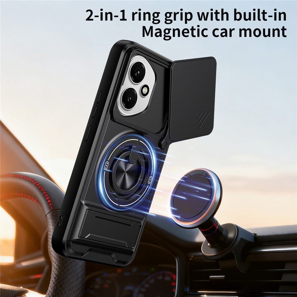 For Honor 400 5G (Global) Magnetic Case Ring Holder Foldable Kickstand TPU PC Phone Cover with Camera Lens Slider