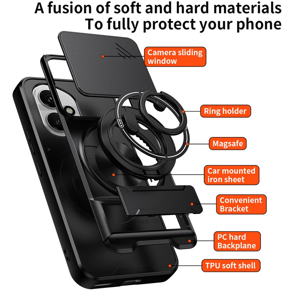 For Honor 400 5G (Global) Magnetic Case Ring Holder Foldable Kickstand TPU PC Phone Cover with Camera Lens Slider