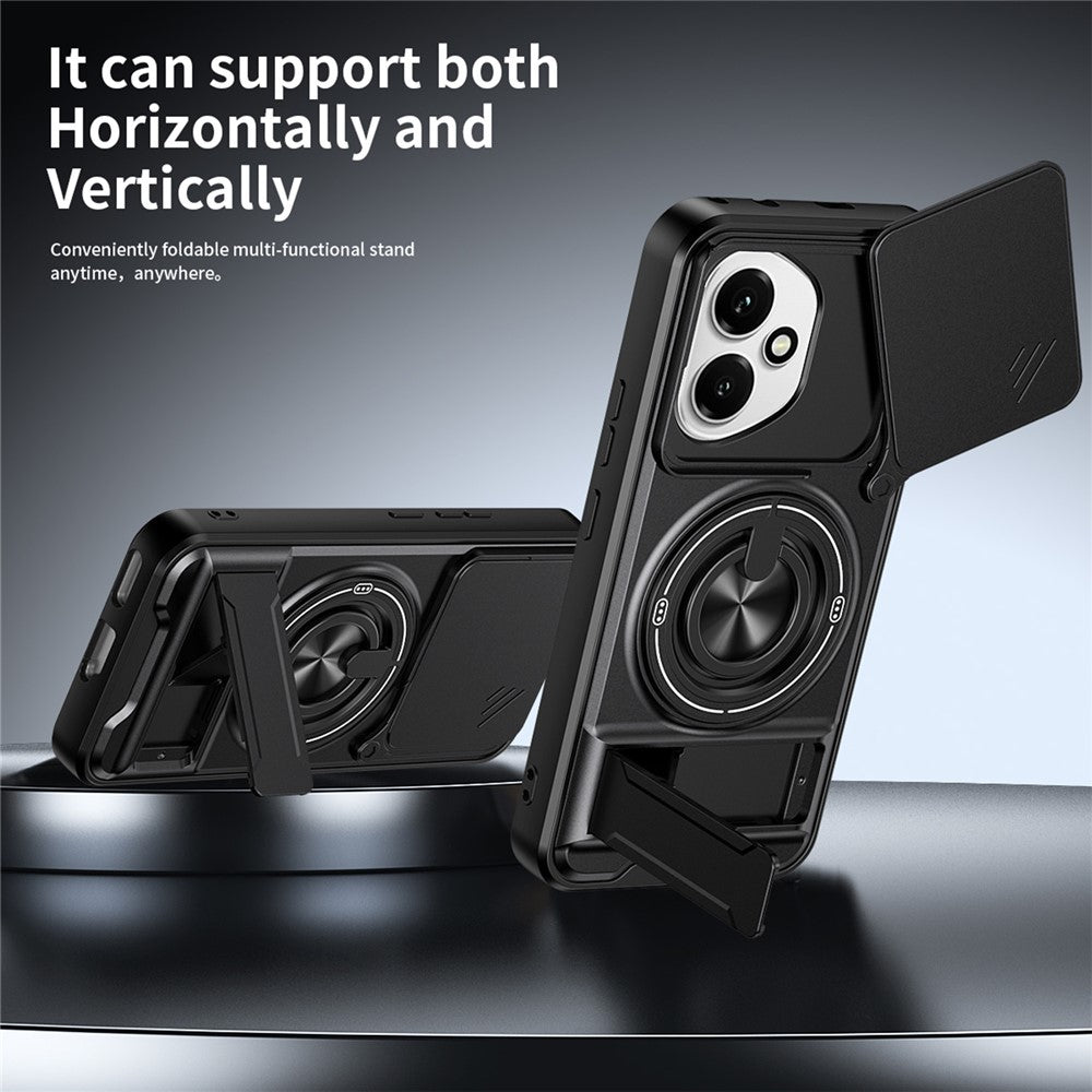 For Honor 400 5G (Global) Magnetic Case Ring Holder Foldable Kickstand TPU PC Phone Cover with Camera Lens Slider