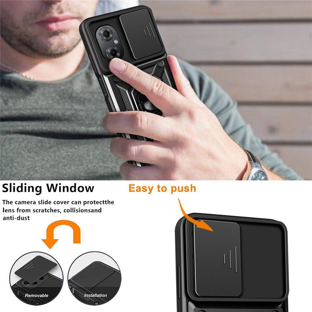 Anti-drop Phone Case for Xiaomi Poco M4 5G, Ring Kickstand PC + TPU Protective Back Cover with Slide Camera Protector