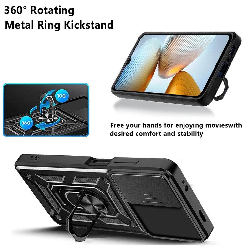 Anti-drop Phone Case for Xiaomi Poco M4 5G, Ring Kickstand PC + TPU Protective Back Cover with Slide Camera Protector