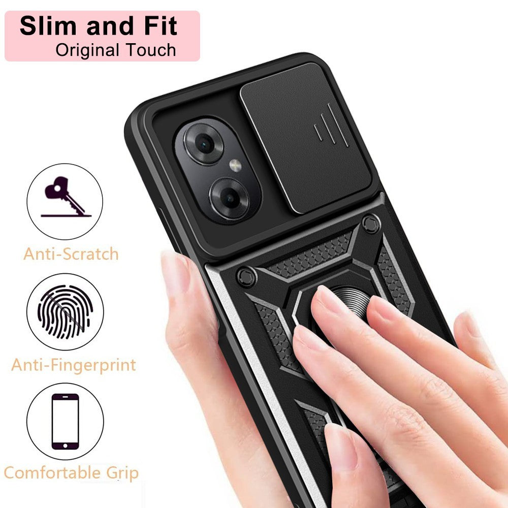 Anti-drop Phone Case for Xiaomi Poco M4 5G, Ring Kickstand PC + TPU Protective Back Cover with Slide Camera Protector