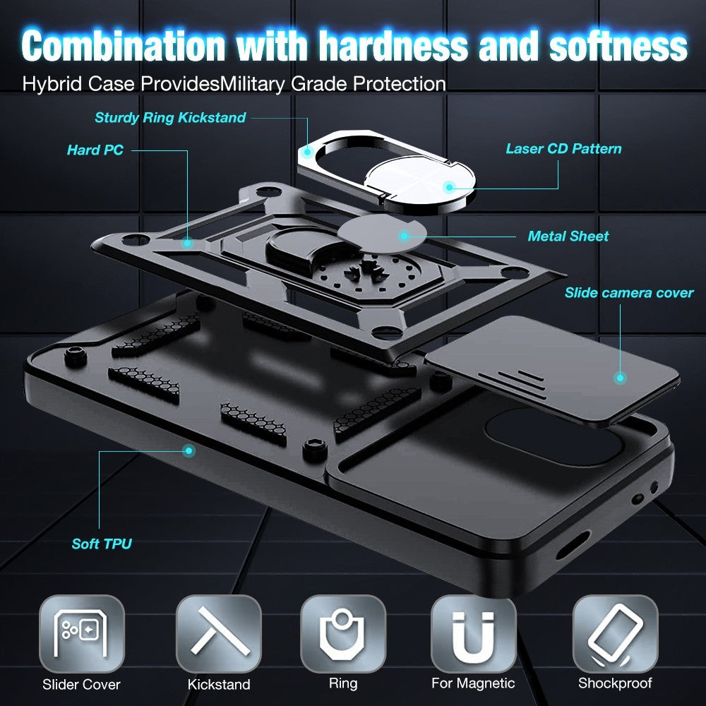 Anti-drop Phone Case for Xiaomi Poco M4 5G, Ring Kickstand PC + TPU Protective Back Cover with Slide Camera Protector