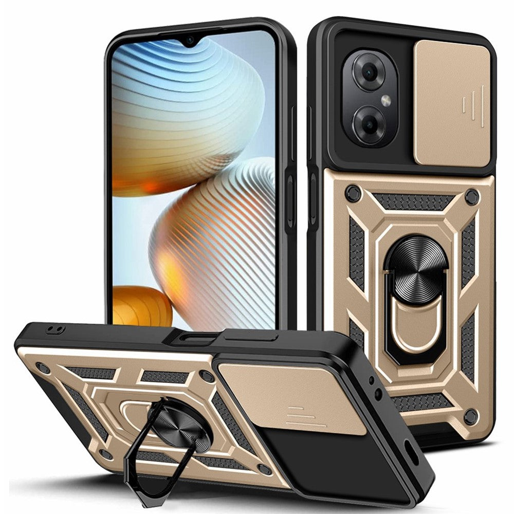 Anti-drop Phone Case for Xiaomi Poco M4 5G, Ring Kickstand PC + TPU Protective Back Cover with Slide Camera Protector
