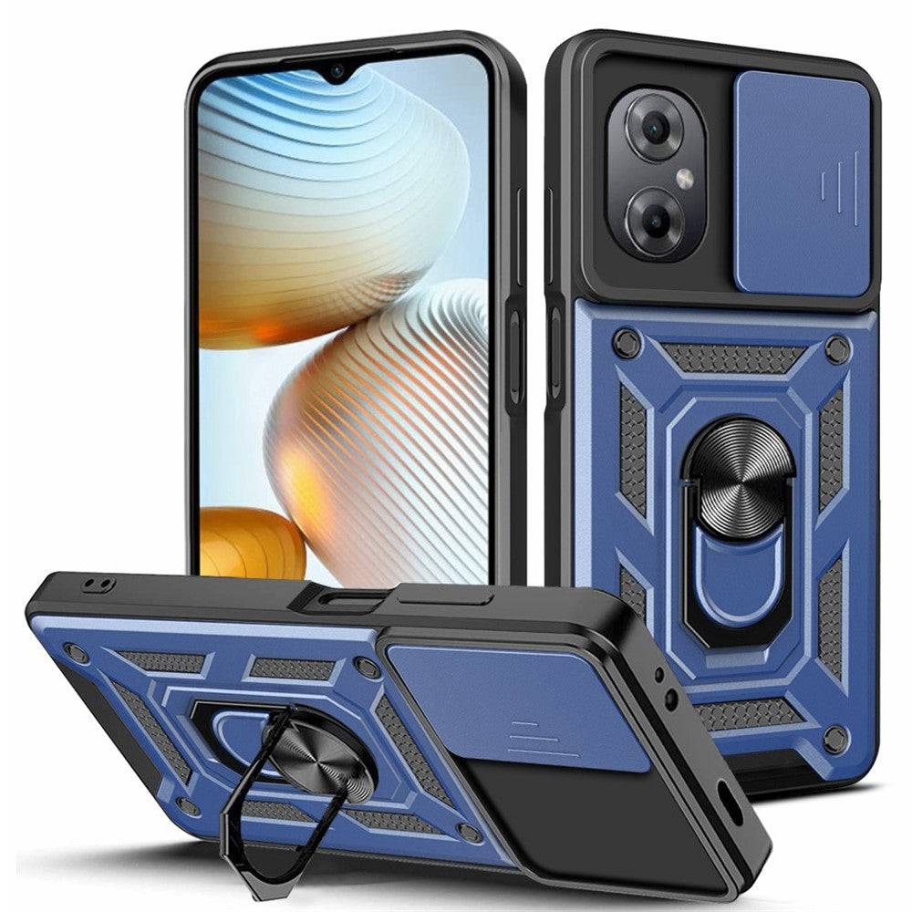 Anti-drop Phone Case for Xiaomi Poco M4 5G, Ring Kickstand PC + TPU Protective Back Cover with Slide Camera Protector