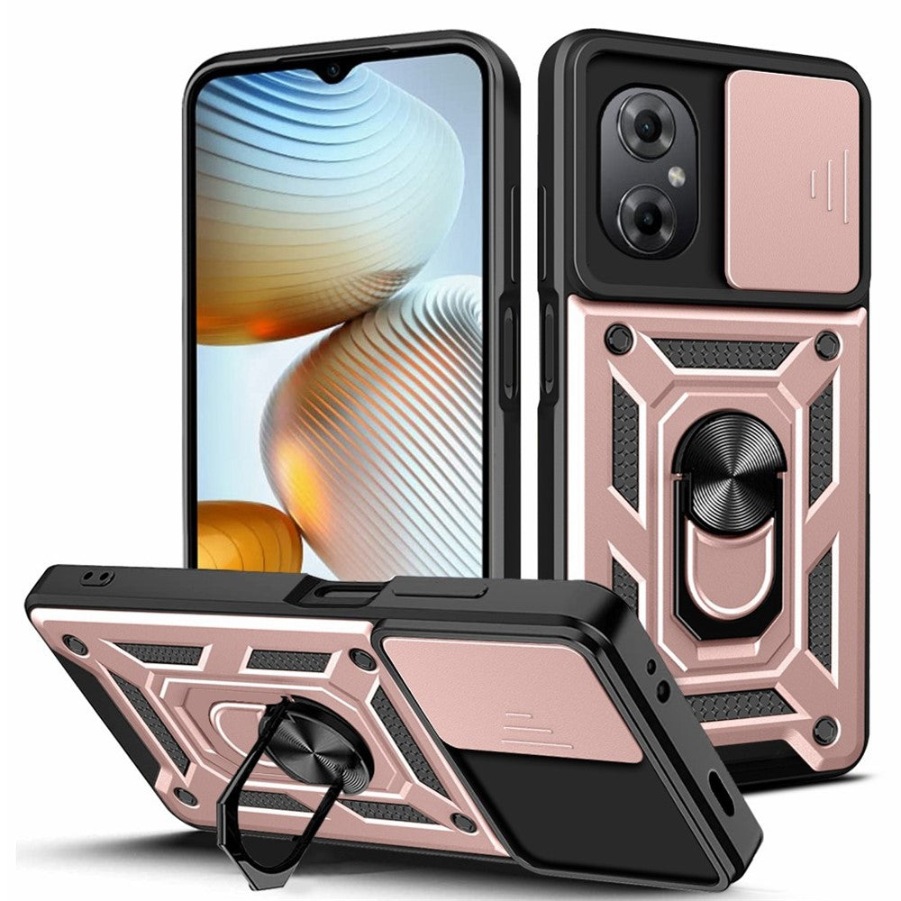 Anti-drop Phone Case for Xiaomi Poco M4 5G, Ring Kickstand PC + TPU Protective Back Cover with Slide Camera Protector