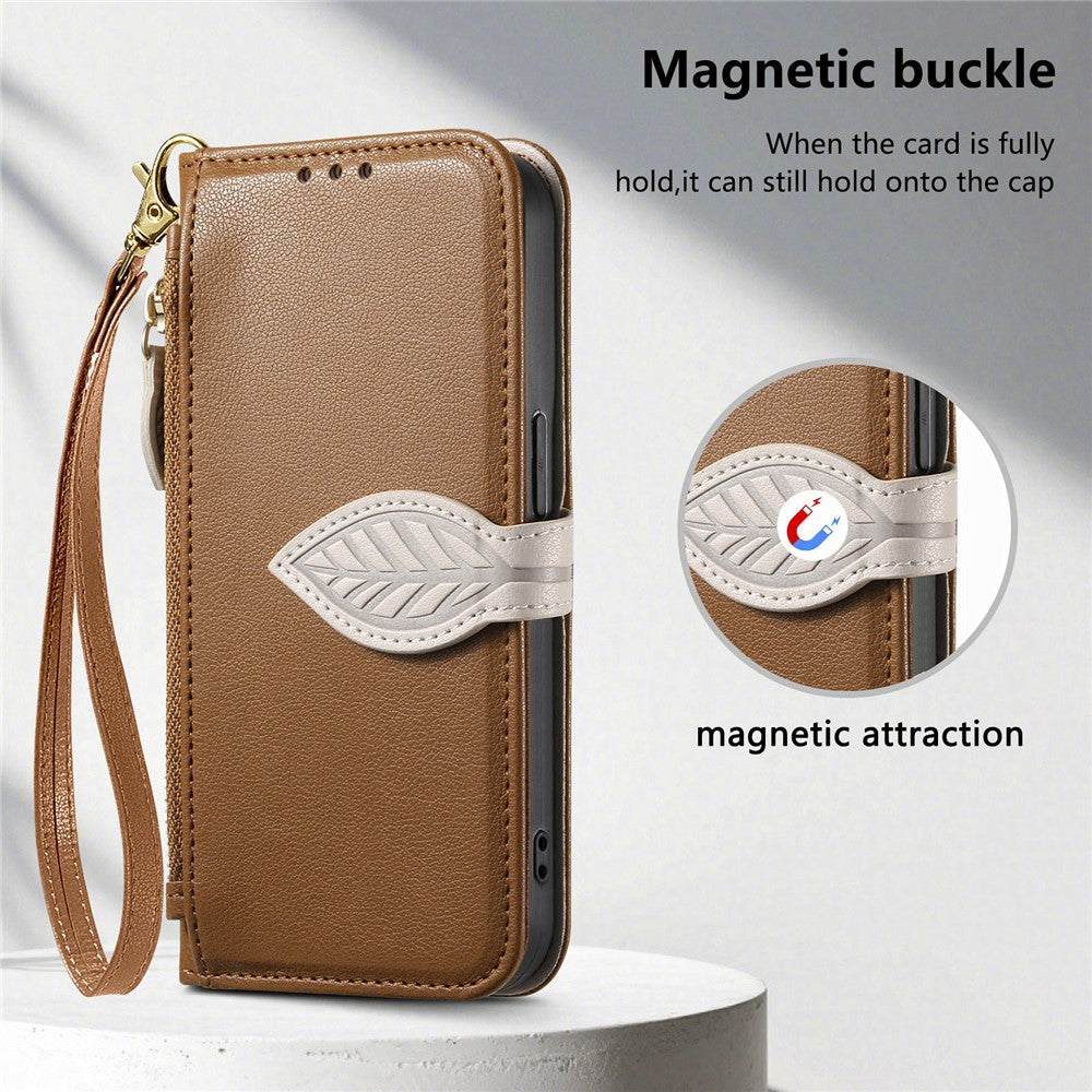 Stand Case for Honor Magic8 Lite 5G / X9d 5G / X70 5G Leaf Shape Magnetic Clasp Leather Phone Cover with Hand Strap