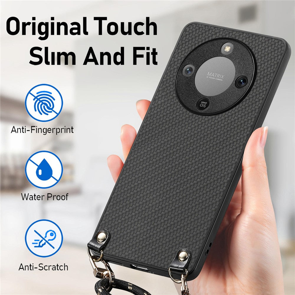 Hybrid Phone Case For Honor Magic8 Lite 5G  /  X9d 5G  /  X70 5G Carbon Fiber Texture Back Cover with Adjustable Strap