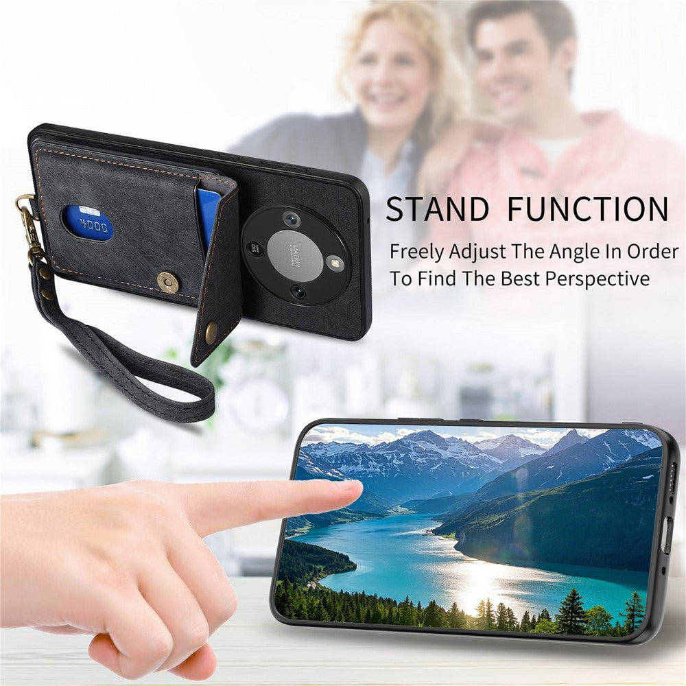 Phone Case For Honor Magic8 Lite 5G  /  X9d 5G  /  X70 5G Card Holder Kickstand Leather Back Cover with Wrist Strap