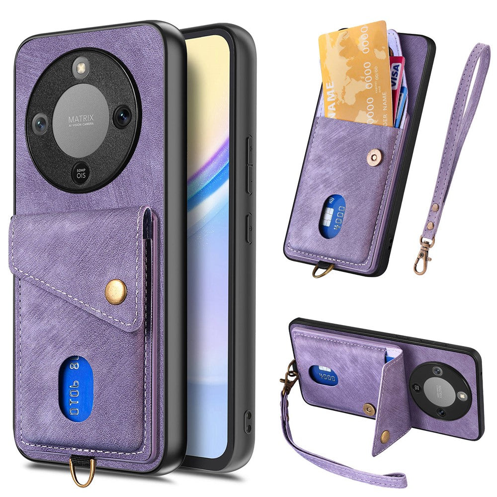 Phone Case For Honor Magic8 Lite 5G  /  X9d 5G  /  X70 5G Card Holder Kickstand Leather Back Cover with Wrist Strap