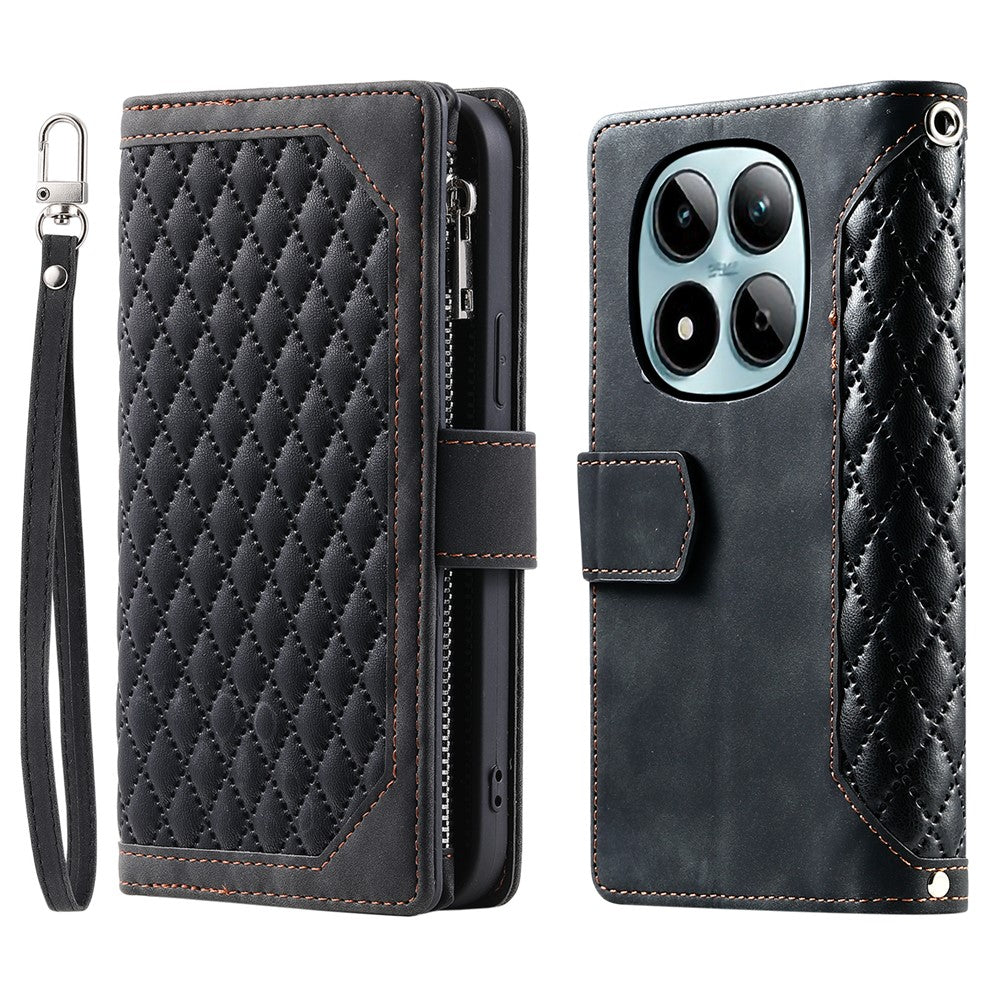 For Xiaomi Redmi Note 15 Pro 4G (Global) Wallet Case Rhombus Stitching Line PU Leather Phone Cover with Wrist Strap
