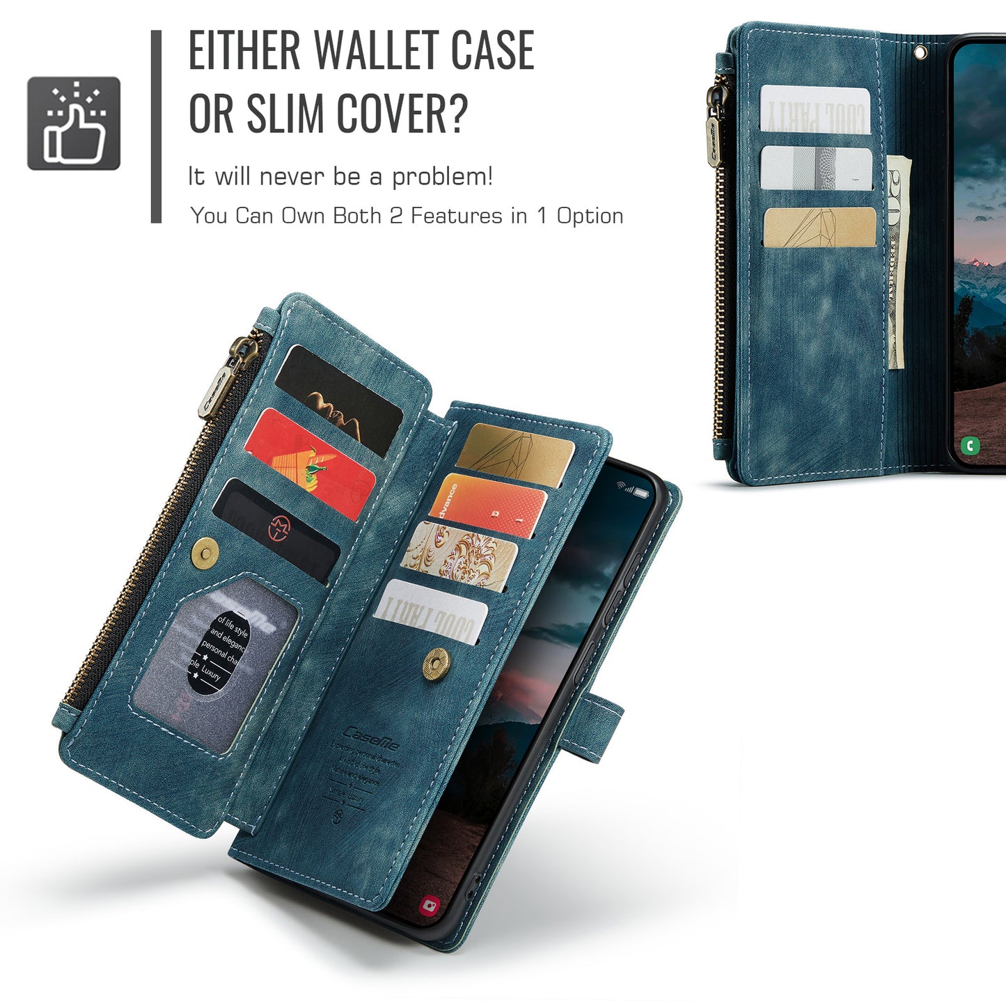 CASEME For Samsung Galaxy S26 Phone Cases with Strap  C30 Zipper Multiple Card Holder PU Leather Cover
