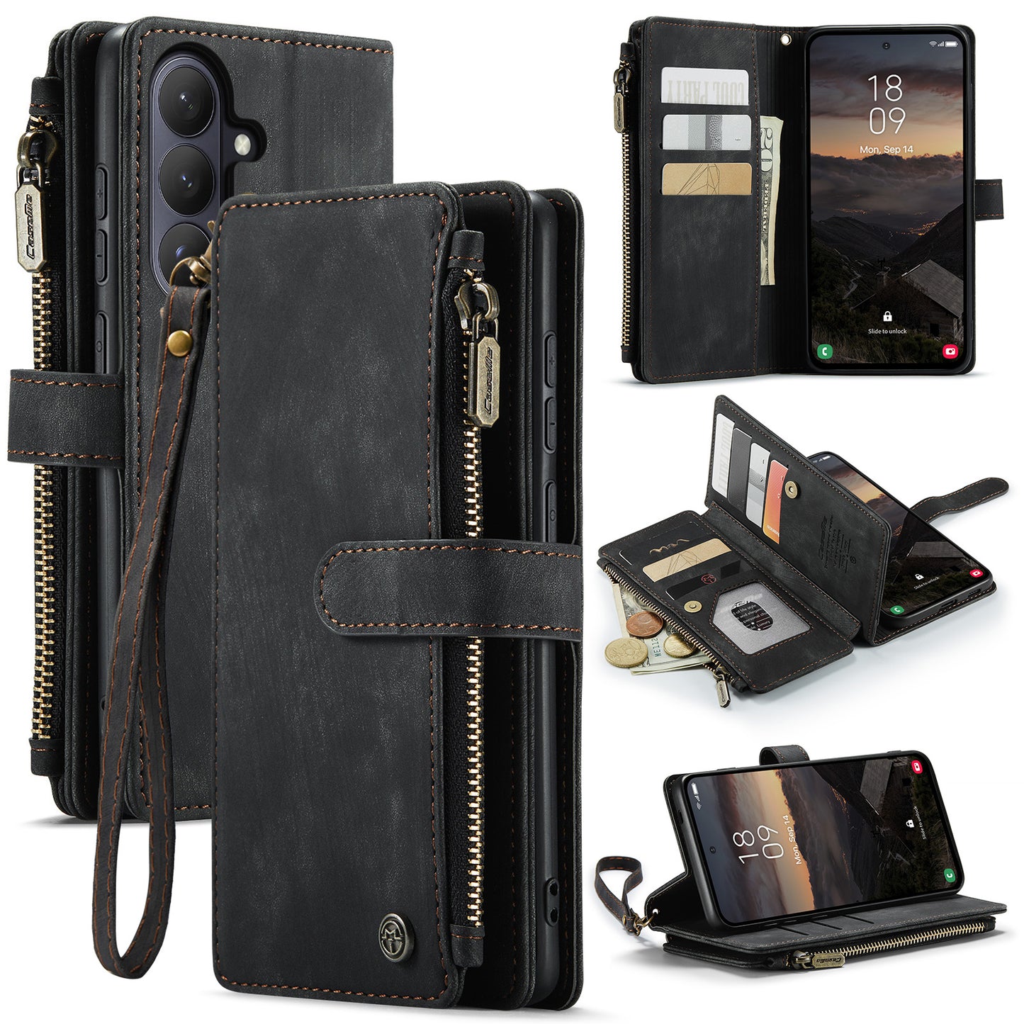 CASEME For Samsung Galaxy S26 Phone Cases with Strap  C30 Zipper Multiple Card Holder PU Leather Cover