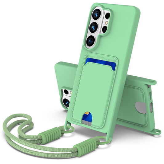 Galaxy S26 Ultra Handyhülle – Flüssige Silikonhülle mit Kartenhalter und kurzem Riemen