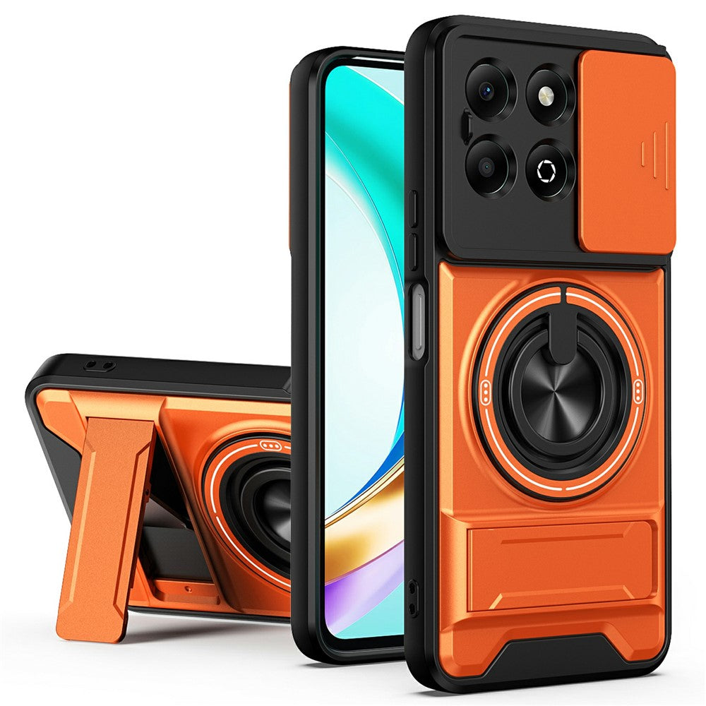 For Honor X6b 4G Magnetic Case Ring Holder Foldable Kickstand TPU PC Phone Cover with Camera Lens Slider