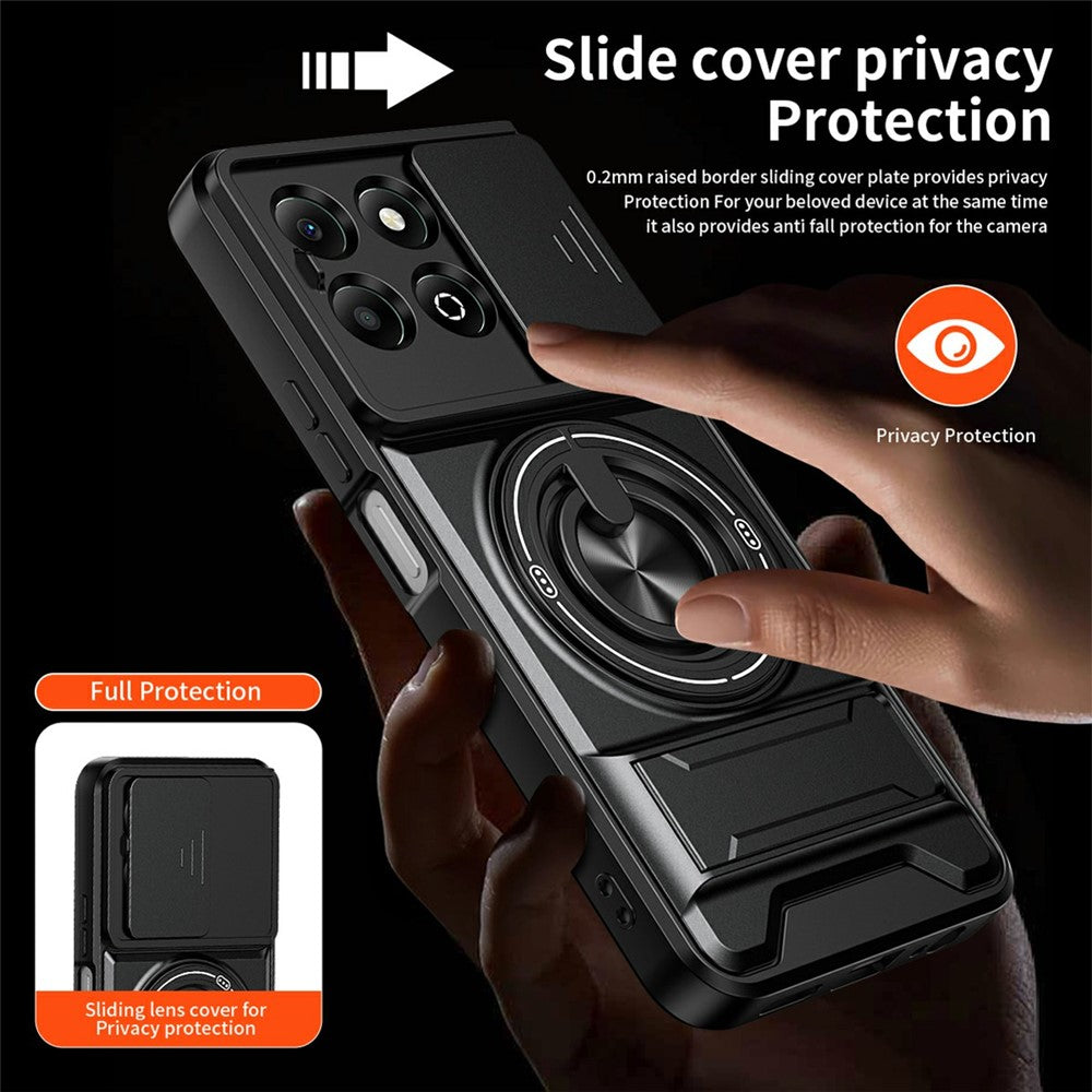 For Honor X6b 4G Magnetic Case Ring Holder Foldable Kickstand TPU PC Phone Cover with Camera Lens Slider
