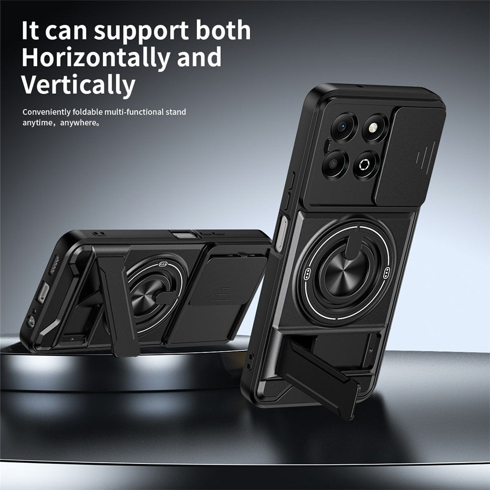 For Honor X6b 4G Magnetic Case Ring Holder Foldable Kickstand TPU PC Phone Cover with Camera Lens Slider