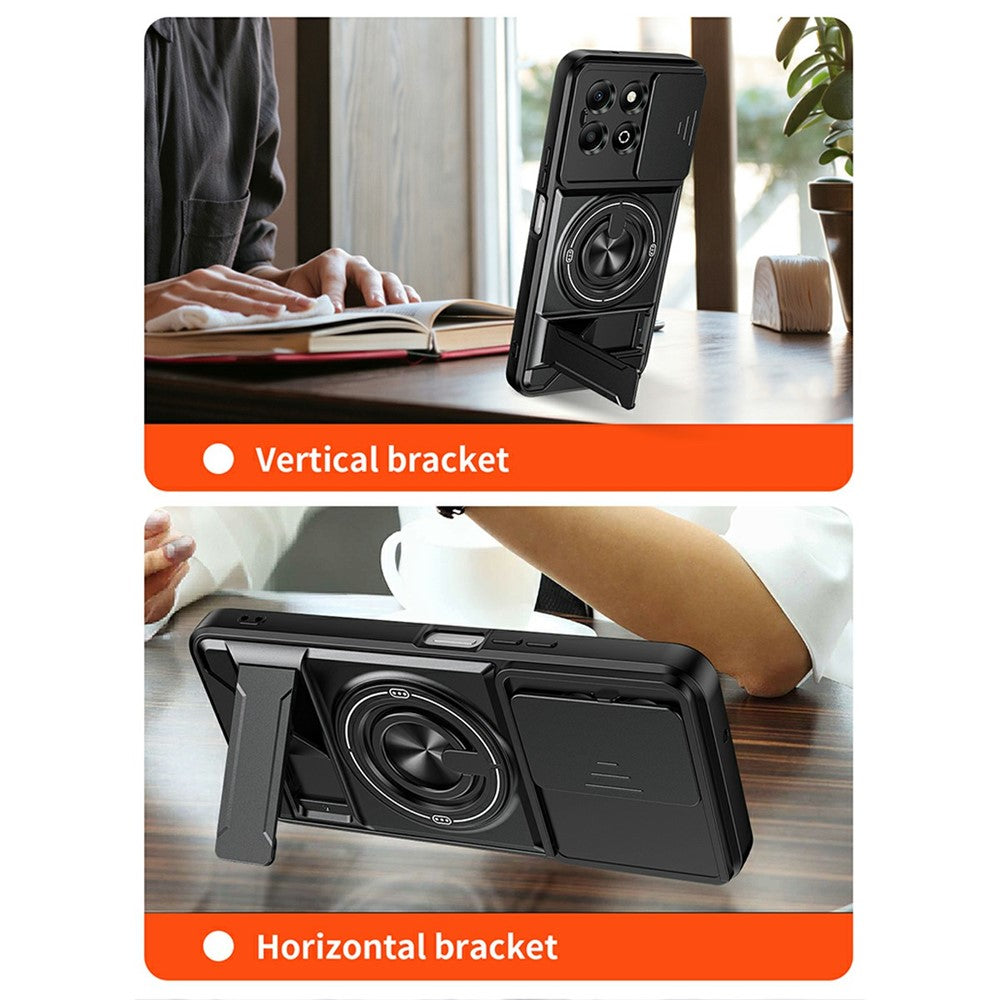 For Honor X6b 4G Magnetic Case Ring Holder Foldable Kickstand TPU PC Phone Cover with Camera Lens Slider
