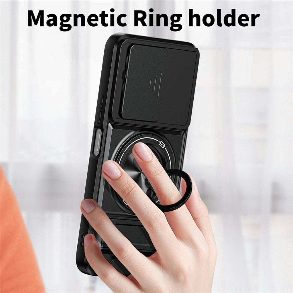 For Honor X6b 4G Magnetic Case Ring Holder Foldable Kickstand TPU PC Phone Cover with Camera Lens Slider