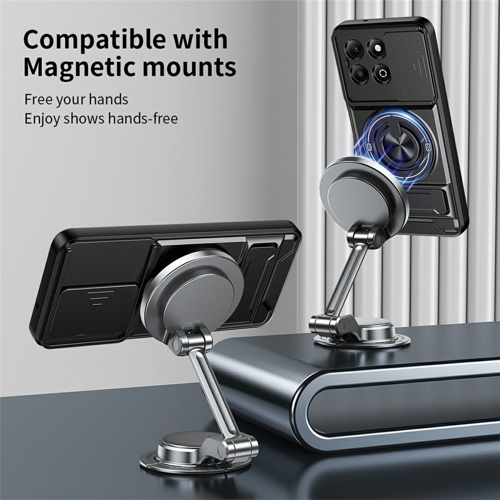 For Honor X6b 4G Magnetic Case Ring Holder Foldable Kickstand TPU PC Phone Cover with Camera Lens Slider